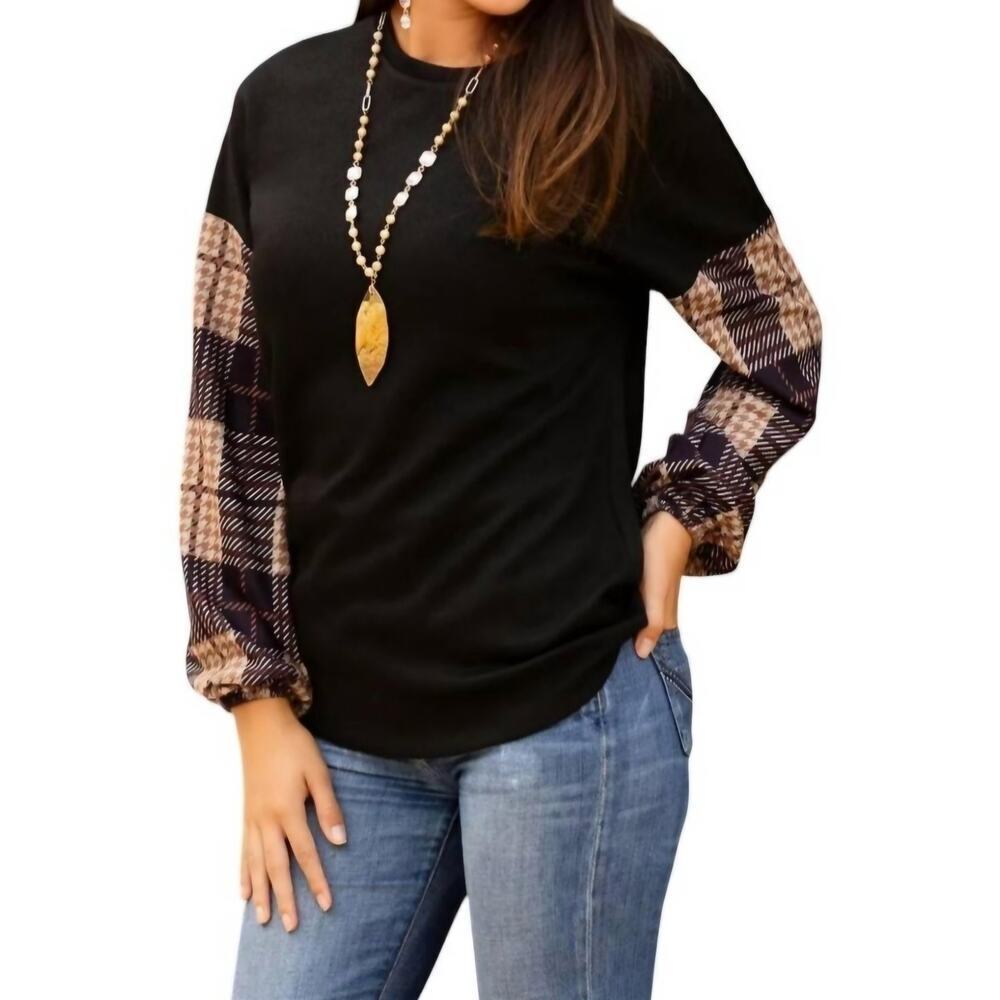 Sunshine & Rodeos New Womens Plaid Sleeve Cozy Soft Top in Black Size Medium M